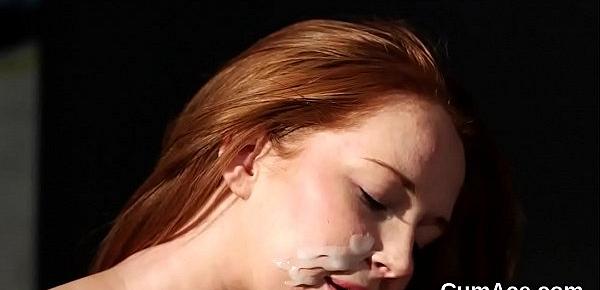  Frisky model gets cumshot on her face gulping all the love juice
